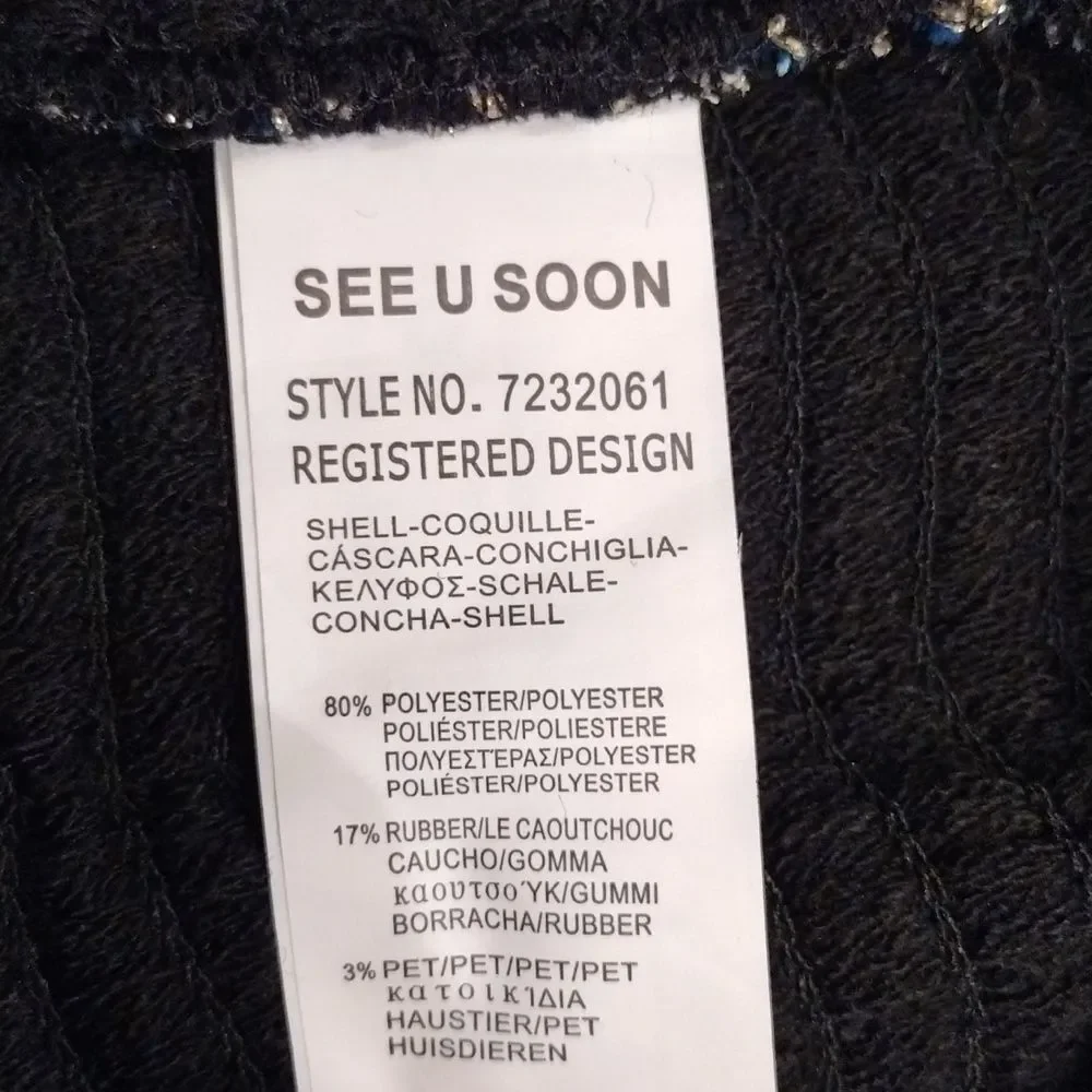 See U Soon, Flare Midi Knit Skirt, Size 6, Black w/ Blue & Silver Embroidery